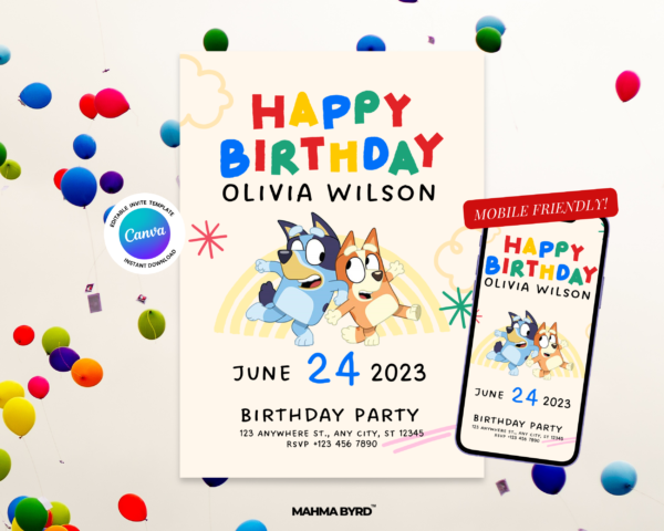 Colorful Bluey Birthday Invitation Printable Canva Template